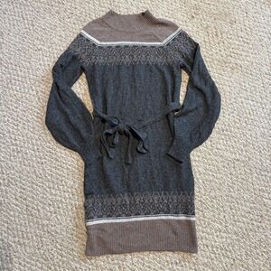 NWT Lucky Brand Grey Mocha Fair Isle Knit Sweater Dress Belted Mock Neck Size S